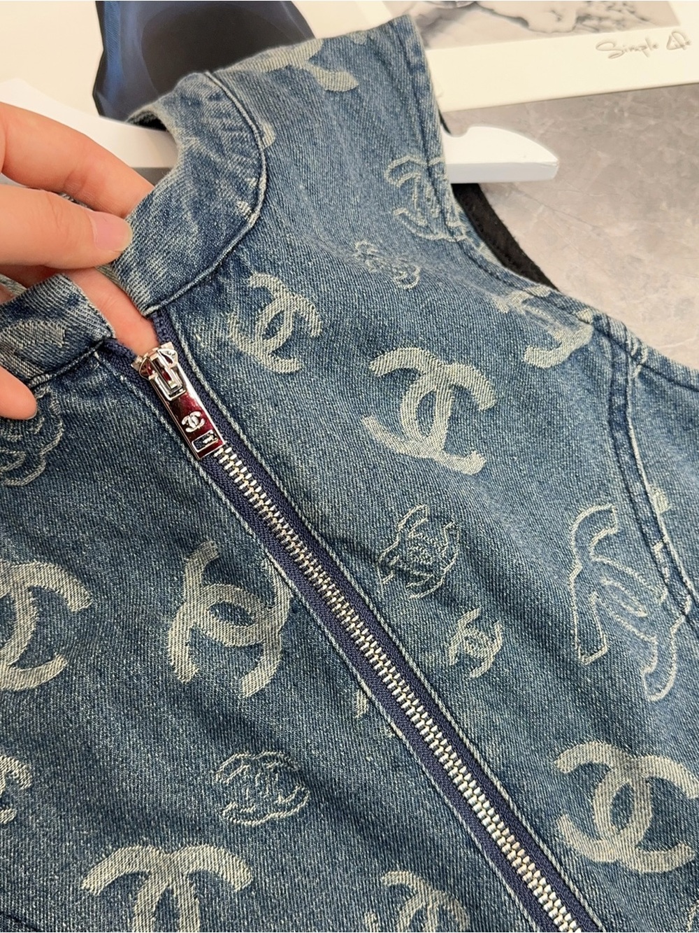 CHANEL Dark Blue Denim Logo Zip-Front Mini Dress with Gold-Tone Rope Belt - Picture 7 of 9